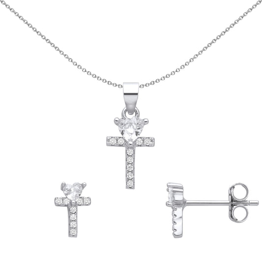 Sterling Silver Heart CZ Love Heart T Cross Earrings Necklace Set - GSET675
