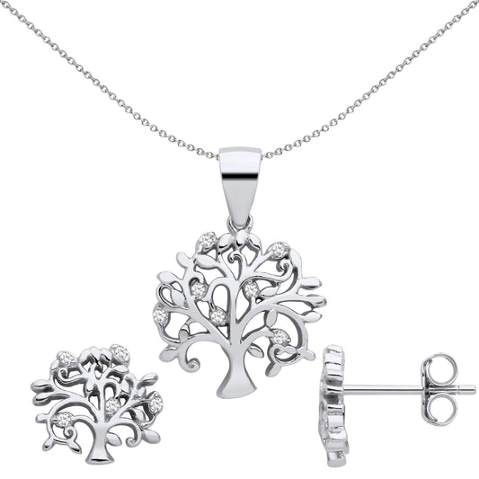 Sterling Silver CZ Fruitful Tree of Life Earrings Necklace Set - GSET676