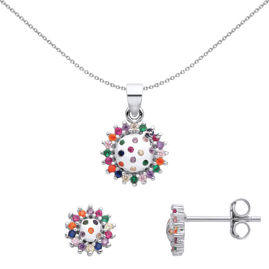 Silver Rainbow CZ Clown Ruff Collar Cluster Earrings Necklace Set - GSET678