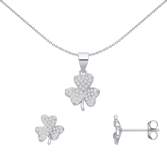 Silver CZ Pave 3 Leaf Clover Shamrock Earrings & Pendant Set - GSET679