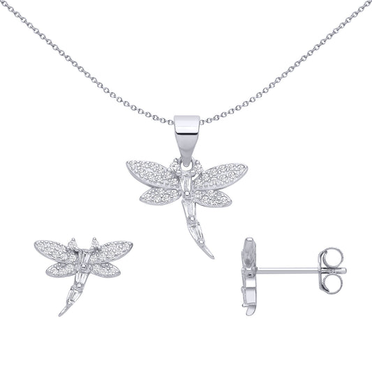 Silver Baguette CZ Soaring Dragonfly Earrings & Pendant Set - GSET681