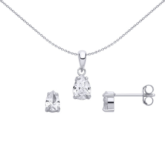 Silver Pear CZ Solitaire Tears of Joy Earrings & Pendant Set - GSET685