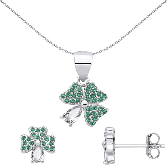 Silver Green Pear CZ Lucky Clover Shamrock Earrings & Pendant Set - GSET686
