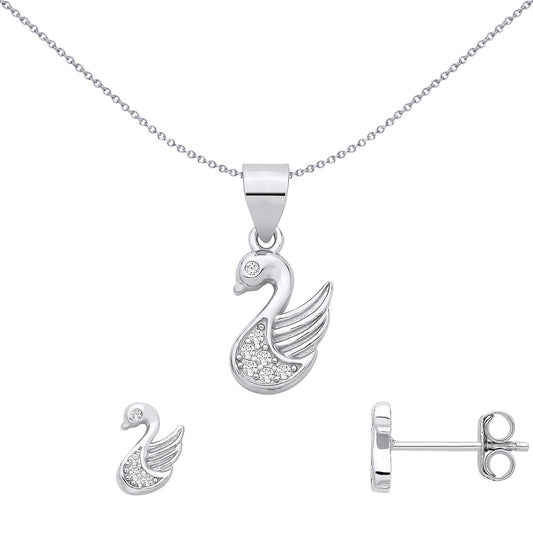 Silver CZ Elegant Cartoon Swan Earrings & Pendant Set - GSET687