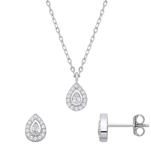 Sterling Silver CZ Tear Drop Earrings & Pendant Set - GSET689