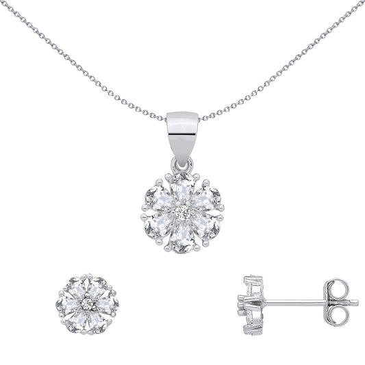 Silver Pear CZ Radiant Sunburst Daisy Earrings & Pendant Set - GSET693