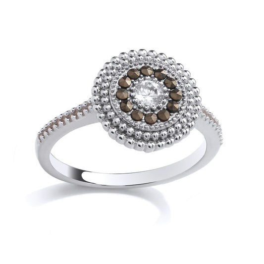 Silver Brown Marcusite & CZ Beaded Halo Solitaire Cocktail Ring - GSR1036