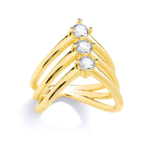 Gold Plated Sterling Silver CZ Triple Wishbone Style Ring - GSR1050