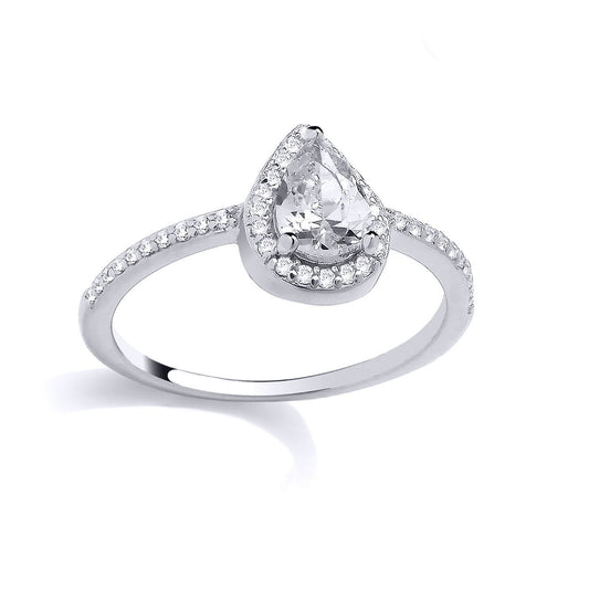 Silver Pear CZ Teardrop Halo Shoulder Set Solitaire Ring - GSR1056