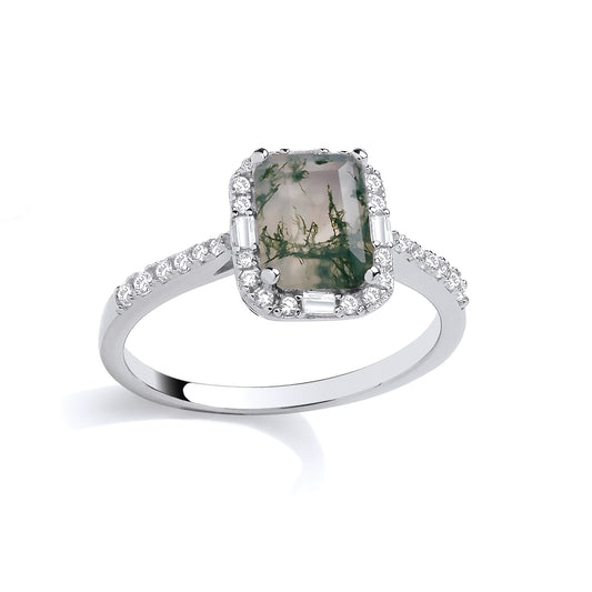 Silver Grey Emerald Moss Agate CZ Spooky Forest Octagon Halo Ring - GSR1086