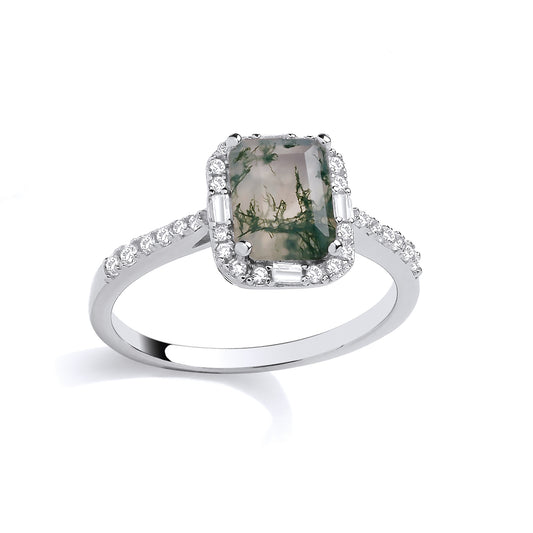 Silver CZ & Moss Agate Emerald Cut Ring - GSR1086