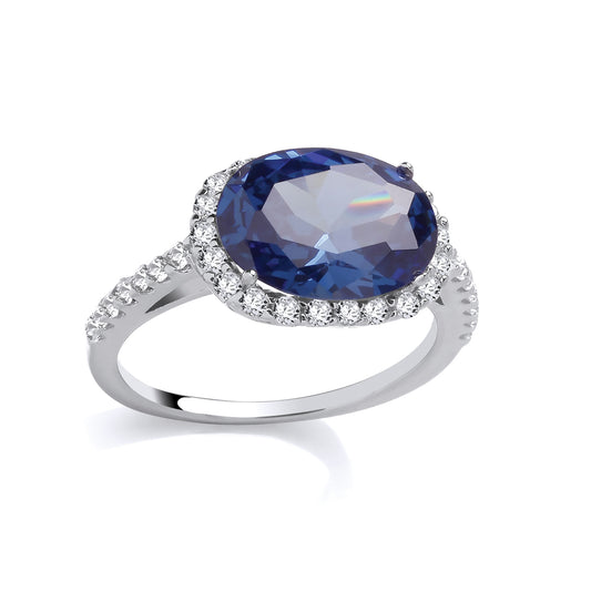 Silver Blue Oval CZ Shoulder Set Horizontal Oval Halo Ring - GSR1094
