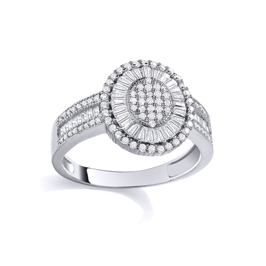 Silver Baguette CZ Oval Dome Radial Halo Sunburst Engagement Ring - GSR1109