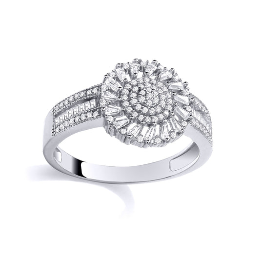 Silver Baguette CZ Sunburst Diagonal Halo Domed Engagement Ring - GSR1112
