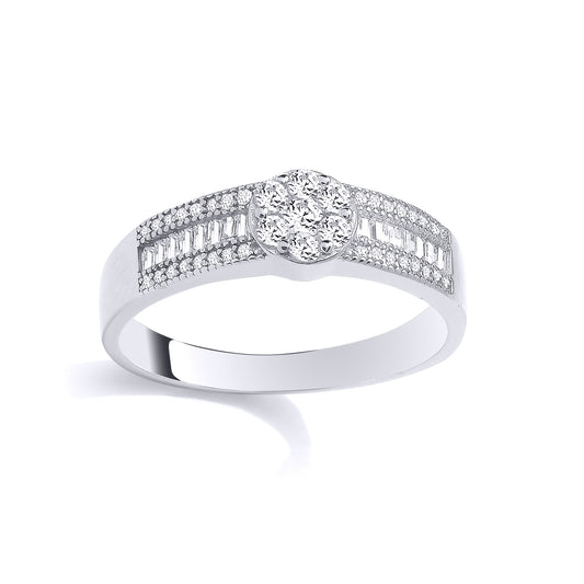 Silver CZ Baguette & Round Cluster Ring - GSR1113