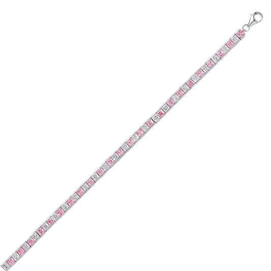 Silver Pink Princess Cut CZ Eternity Tennis Bracelet 4mm 7.5inch - GVB103