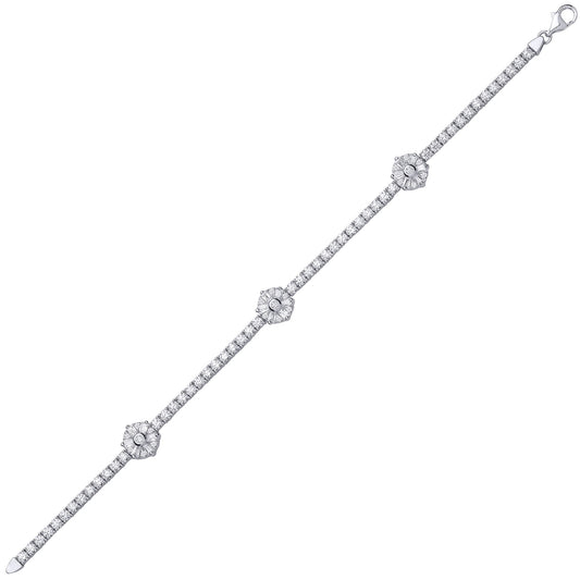 Silver Baguette CZ Baguette Flower Tennis Bracelet 9mm 7 inch - GVB169