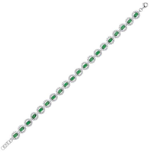 Silver Green oval CZ Alternating Halo Tennis Bracelet 7mm 7-7.5" - GVB329EM