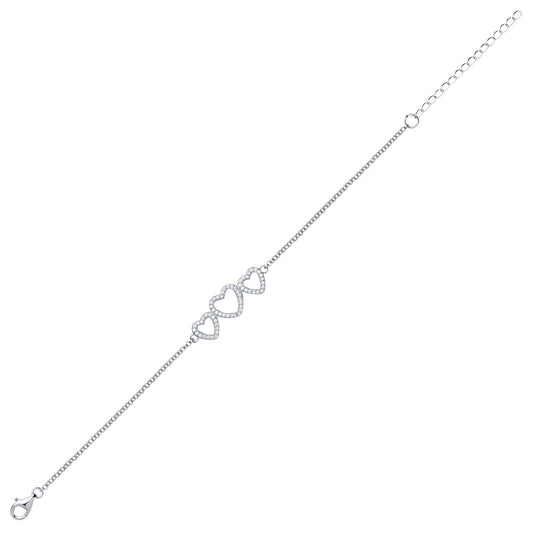 Silver CZ Trilogy Love Heart Charm Bracelet 10mm 7 inch - GVB390