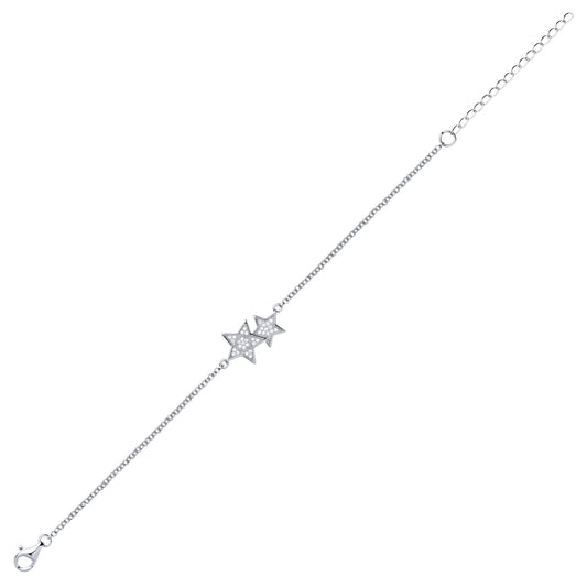 Silver CZ Twin Twinkle Stars Charm Bracelet 13mm 7 inch - GVB391