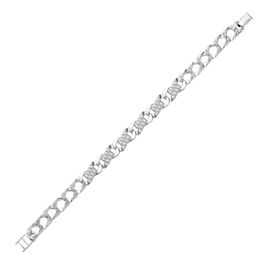 Mens Silver CZ Carved Filigree Curb Cast Bracelet 9mm - GVB394