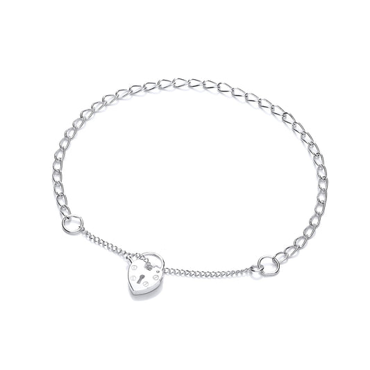 Silver Curb Link Love Heart Padlock Charm Bracelet 3mm - GVB409