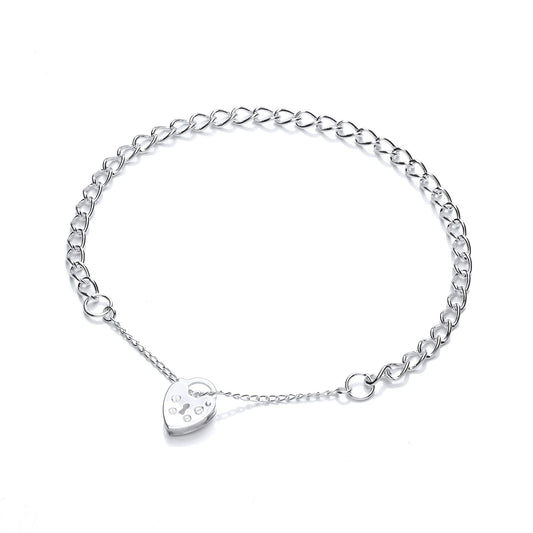 Silver Curb Link Love Heart Padlock Charm Bracelet 4mm - GVB410