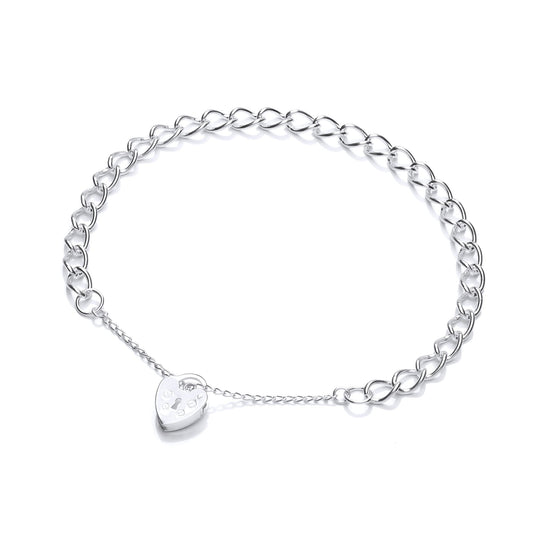 Silver Curb Link Love Heart Padlock Charm Bracelet 5mm 10 inch - GVB411