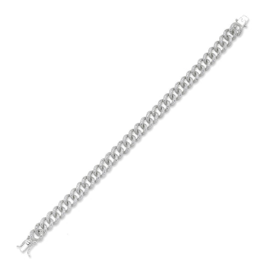 Silver CZ Encrusted-Illusion Bead Texture Albert Curb Bracelet - GVB419