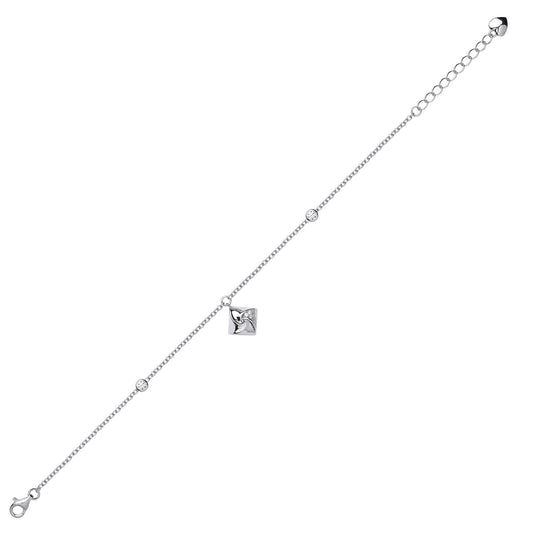 Silver CZ Swirling Square Charm Bracelet 6.5 inch - GVB429