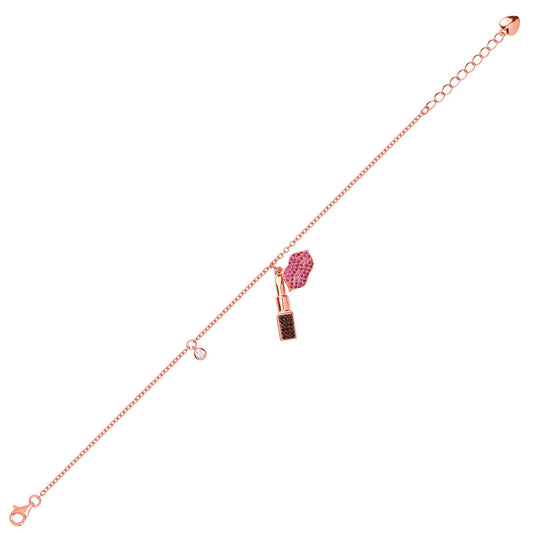 Rose Silver Pink Black CZ Lipstick Lips Kiss Charm Bracelet 6.5" - GVB432