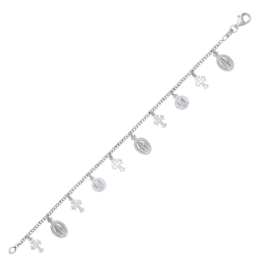 Silver Religious Cross Medallion Charm Bracelet 7.5 inch - GVB437