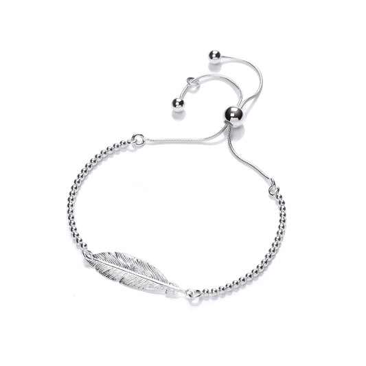 Silver Feather Leaf Bead Adjustable Toggle Slider Bracelet 9mm - GVB438