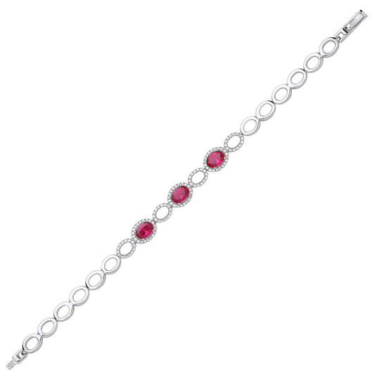 Silver Red Oval CZ Halo Cluster Tennis Bracelet 8mm - GVB450