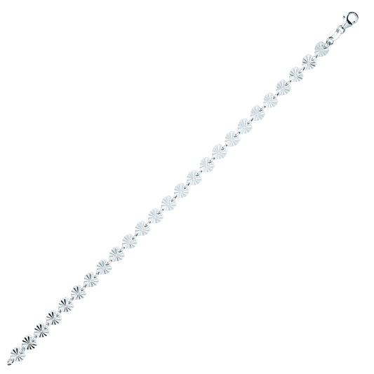 Silver Sunburst Sparkly Love Heart Flat Link Bracelet 6mm 7.5inch - GVB458