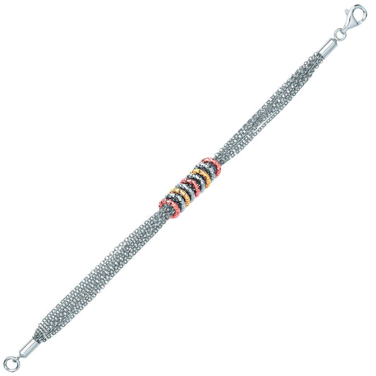 3-Colour Silver Multi Strand Donut Loops Charm Bracelet 10mm - GVB459
