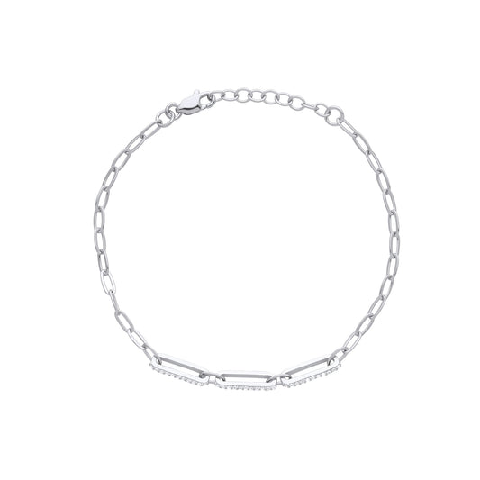 Unisex Silver CZ Paper Clip Pill Shape Chain Bracelet 4mm 7.5" - GVB482