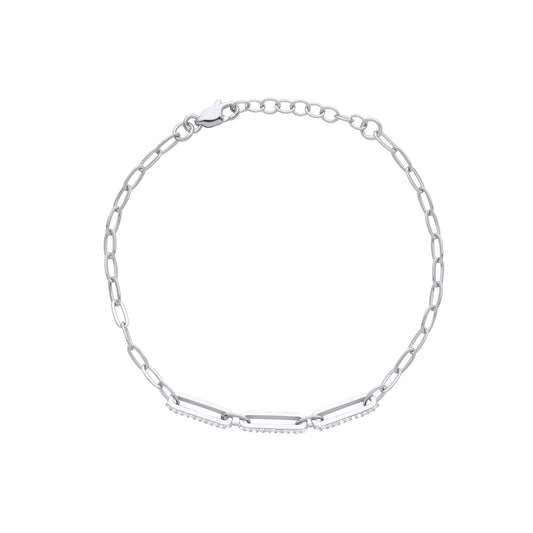 Unisex Silver CZ Paper Clip Pill Shape Chain Bracelet 4mm 7.5" - GVB482