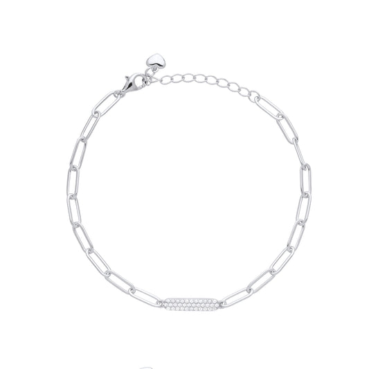 Silver CZ Pave Paper Clip Pill Shape Chain Bracelet 3mm 6.5 + 1" - GVB485