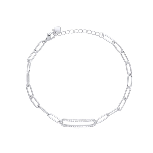 Silver CZ Pave Paper Clip Pill Shape Chain Bracelet 5mm 6.5 + 1" - GVB487
