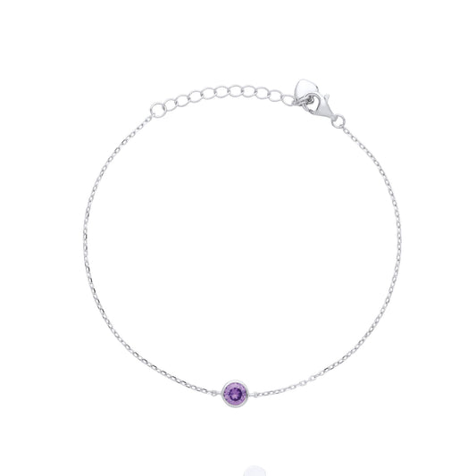 925 Silver Purple CZ Donut Solitaire Charm Bracelet 7 + 1 inch - GVB488