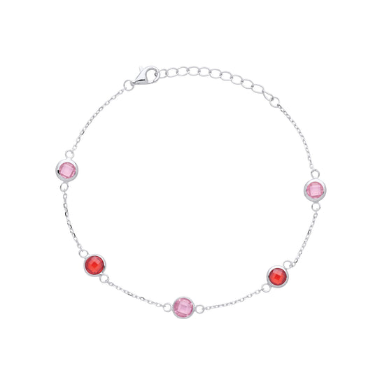 Silver Pink Red CZ Bubbles By The" Station Charm Bracelet 7 + 1" - GVB493