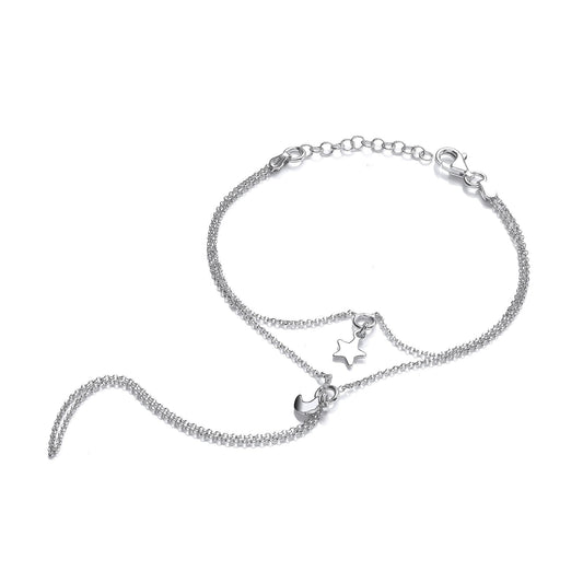 Silver Star Moon Charms Finger Ring Hand Harem Bracelet 7 + 1" - GVB504