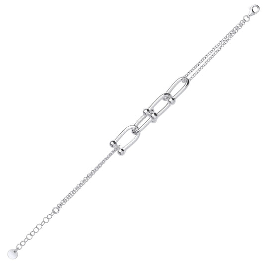 Silver Oval Barcell Stirrup Double Strand Chain Bracelet 6.5 + 1" - GVB510
