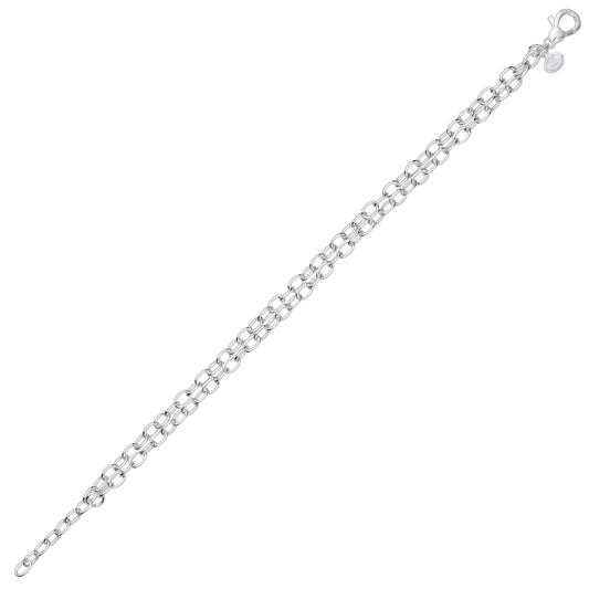 Silver Double Strand Oval Belcher Rolo Chain Bracelet 4mm 7.5" - GVB516