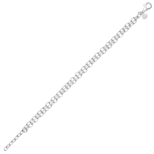 Silver Double Strand Oval Belcher Rolo Chain Bracelet 4mm 7.5" - GVB516