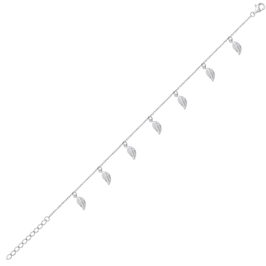 Sterling Silver 7 Lucky Feather Leaf Charm Bracelet 6.5 + 1 inch - GVB536