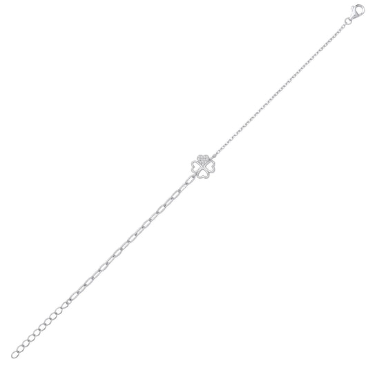 Silver CZ Heart 4 Leaf Clover Rolo Charm Bracelet 2mm 6.5 + 1" - GVB537