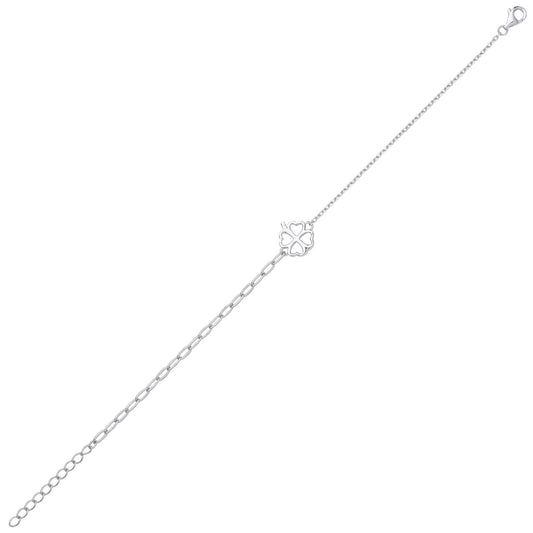 Silver Love Heart 4 Leaf Clover Rolo Charm Bracelet 2mm 6.5 + 1" - GVB538