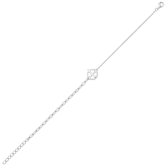 Silver Love Heart 4 Leaf Clover Rolo Charm Bracelet 2mm 6.5 + 1" - GVB538
